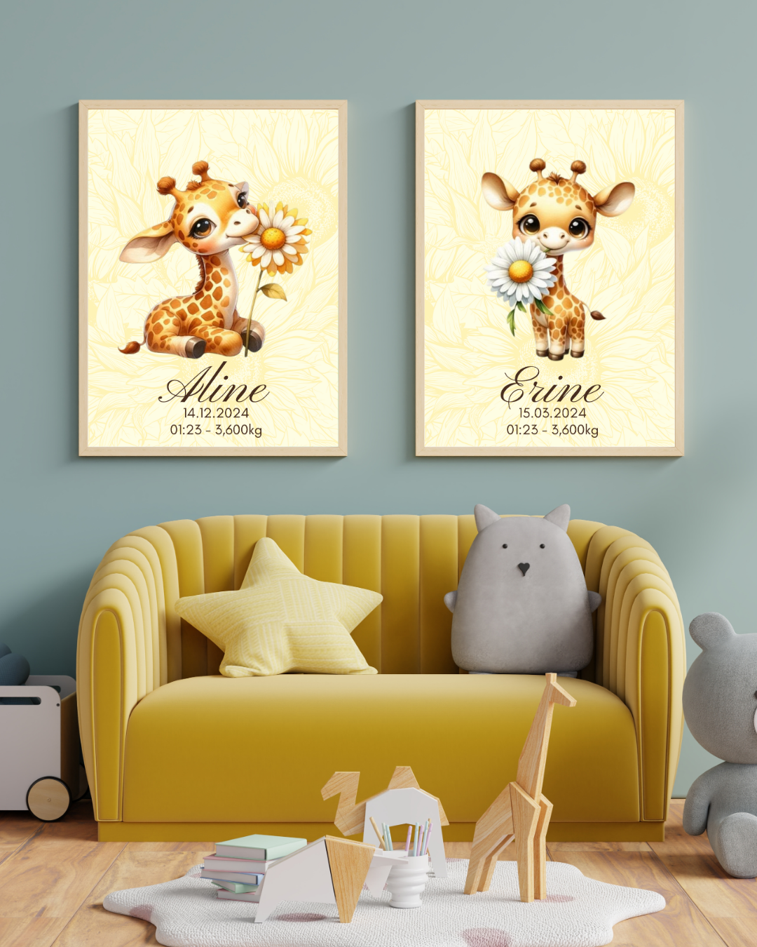 AFFICHE DE NAISSANCE - Girafe marguerite couchée