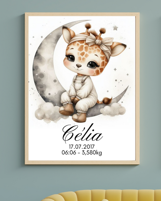 AFFICHE DE NAISSANCE - Bébé Girafe Lune