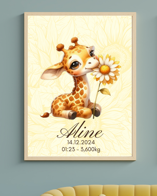 AFFICHE DE NAISSANCE - Girafe marguerite couchée