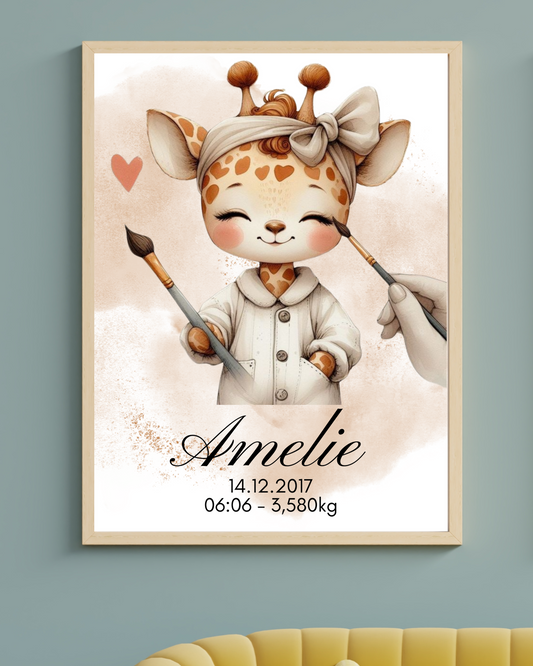 AFFICHE DE NAISSANCE - Bébé girafe peintre