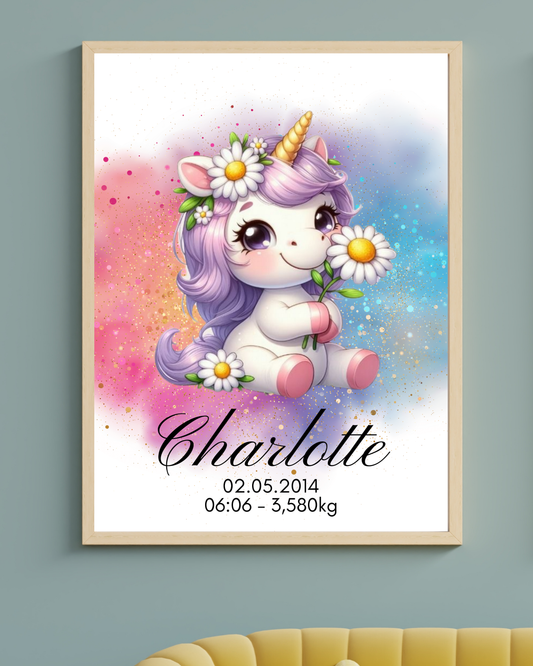 AFFICHE DE NAISSANCE - Bébé Licorne & Fleurs