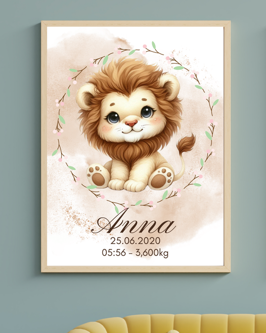 AFFICHE DE NAISSANCE - Bébé Lion & Fleurs